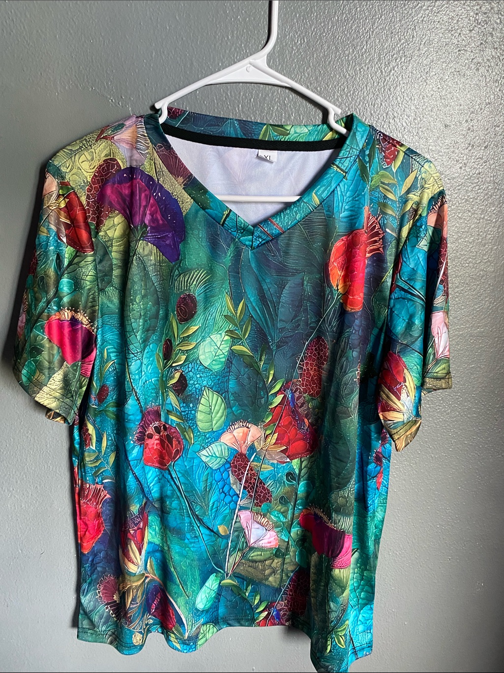 Vibrant Teal Floral V-Neck Top